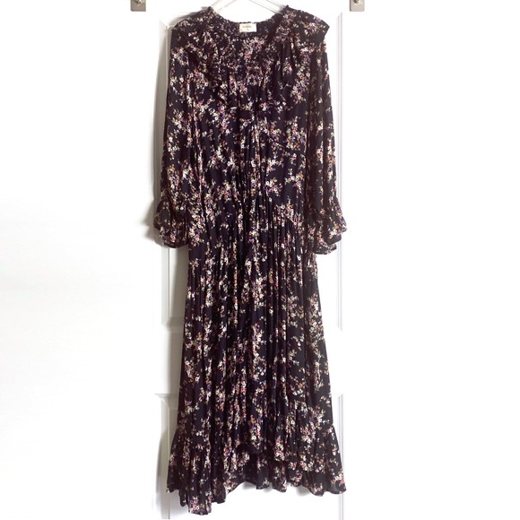 sonmer Dresses & Skirts - Sonmer‎ Lola Dress Sz XL Black Floral Ankle Length Ruffled Midi Asymetric V Neck
